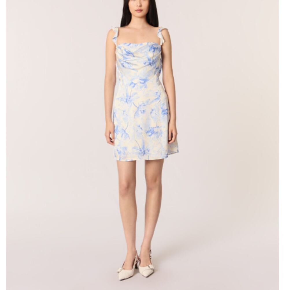 Maje Romentic Blue Flower Print Ecru Base Mini Patterned Dress  36 | Small